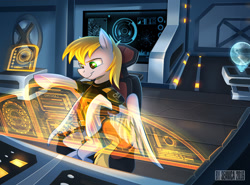 Size: 1216x900 | Tagged: safe, artist:seanica, oc, oc only, oc:cutting chipset, species:pegasus, species:pony, chair, clothing, hologram, holographic screen, mass effect, pilot, sitting, solo, spaceship, uniform