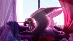 Size: 2560x1440 | Tagged: safe, artist:creamy_roux, character:princess flurry heart, species:alicorn, species:pony, big wings, couch, crown, drapes, female, frown, jewelry, looking at you, mare, older, prone, regalia, solo, story included, subsurface scattering, sunlight, window, wings