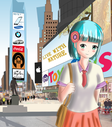 Size: 1400x1600 | Tagged: safe, artist:linlaifeng, character:coco pommel, species:human, apple (company), billboard, bmw, bmw i8, car, city, clothing, female, humanized, manehattan, my little pony logo, people, samsung, skirt, solo, sony, times square, toys r us