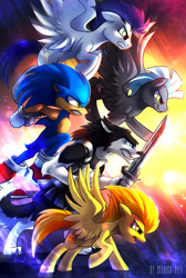 Size: 807x1200 | Tagged: safe, artist:seanica, character:soarin', character:sonic the hedgehog, character:spitfire, character:thunderlane, oc, oc:foxtrot, species:pony, crossover, sonic the hedgehog (series)