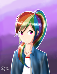 Size: 1400x1800 | Tagged: safe, artist:linlaifeng, character:rainbow dash, species:human, alternate hairstyle, bust, clothing, cute, cutie mark necklace, female, gradient background, humanized, jacket, jewelry, necklace, ponytail, purple background, signature, simple background, solo