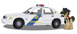 Size: 3800x1688 | Tagged: safe, artist:artistbrony, character:sheriff silverstar, car, clothing, crown victoria, ford, hat, police car, sheriff, simple background, uniform, white background
