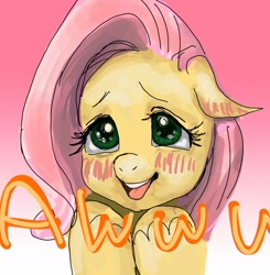 Size: 1583x1618 | Tagged: safe, artist:xkaix2501, character:fluttershy, species:pegasus, species:pony, 30 minute art challenge, awww, blushing, bust, cute, dawwww, diabetes, female, hooves up, looking at you, pixiv, portrait, shyabetes, smiling, solo, squee, text