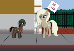 Size: 5948x4108 | Tagged: safe, artist:e-49, oc, oc only, species:earth pony, species:pony, absurd resolution, city, gun, hippie, meeting, protest, rifle, sign, size difference, weapon
