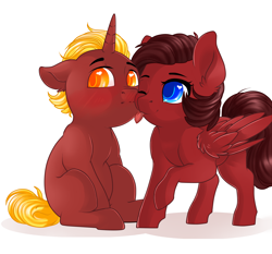 Size: 2834x2638 | Tagged: safe, artist:schokocream, oc, oc only, oc:firebrand, oc:ink rose, species:pegasus, species:pony, species:unicorn, blushing, colt, female, filly, heart eyes, licking, male, oc x oc, shipping, simple background, tongue out, white background, wingding eyes