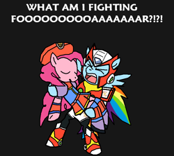 Size: 670x603 | Tagged: dead source, safe, artist:plantpony, character:pinkie pie, character:rainbow dash, species:earth pony, species:pegasus, species:pony, ship:pinkiedash, armor, bipedal, clothing, crossover, eyes closed, female, iris (megaman), lesbian, mare, megaman, megaman x, shipping, standing, yelling, zero