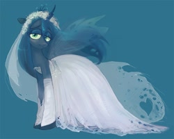 Size: 1000x800 | Tagged: dead source, safe, artist:technaro, character:queen chrysalis, species:changeling, bride, changeling queen, clothing, corpse bride, dress, female, looking at you, simple background, smiling, solo, standing, the corpse bride, tim burton, wedding dress