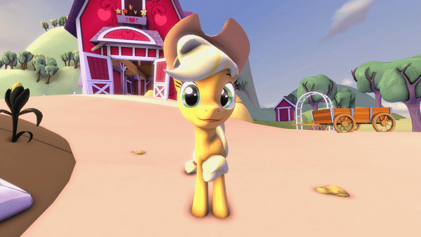 Size: 600x338 | Tagged: safe, artist:mlpfimguy, character:applejack, species:earth pony, species:pony, 3d, animated, butt shake, butt swing, farm, female, get down, gif, looking at you, plot, solo, staring into your soul, sweet apple acres, wat