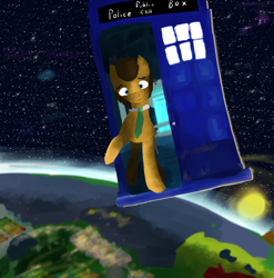 Size: 1280x1296 | Tagged: safe, artist:sapphmod, character:doctor whooves, character:time turner, species:earth pony, species:pony, doctor who, earth, male, solo, space, stallion, stars, tardis, tardis console room, tardis control room, the doctor
