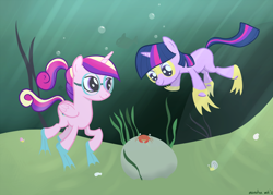 Size: 1200x857 | Tagged: safe, artist:manateemckenzie, character:princess cadance, character:twilight sparkle, species:crab, diving, female, filly, filly twilight sparkle, flippers, goggles, snail, swimming, swimming goggles, teen princess cadance, underwater, water, younger