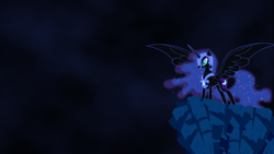 Size: 3000x1688 | Tagged: safe, artist:baxtermega, character:nightmare moon, character:princess luna, species:alicorn, species:pony, cliff, female, mare, solo, spread wings, wallpaper, wings