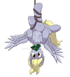 Size: 1024x1125 | Tagged: safe, artist:reptilianbirds, character:derpy hooves, species:pegasus, species:pony, belly button, bill, female, looking at you, mare, mouth hold, rope, simple background, solo, spread wings, transparent background, trap, upside down, watermark, wings