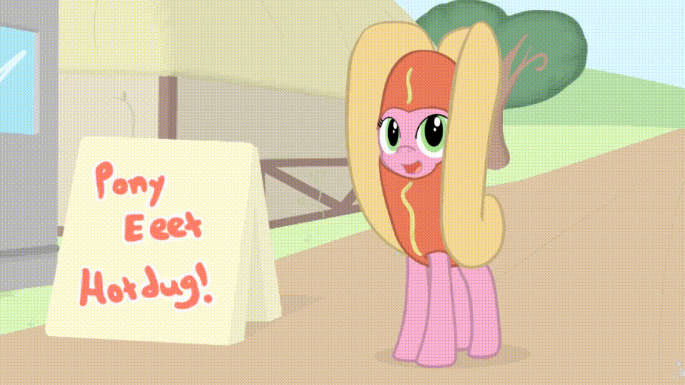 Size: 960x540 | Tagged: safe, artist:fimflamfilosophy, oc, oc only, species:pony, animated, bouncing, clothing, costume, cute, dancing, female, food, food costume, gif, happy, headbob, hot dog, implied ponies eating meat, looking at you, mare, meat, mentally advanced series, ocbetes, open mouth, raised hoof, sausage, smiling, solo, stomping, trotting, trotting in place