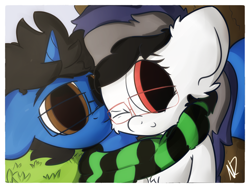 Size: 1600x1200 | Tagged: safe, artist:narmet, oc, oc only, species:earth pony, species:pony, species:unicorn, chest fluff, clothing, ear fluff, glasses, kissing, looking at you, no catchlights, one eye closed, scarf, shared clothing, shared scarf, wink