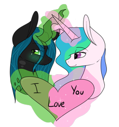 Size: 1357x1446 | Tagged: safe, artist:cyrinthia, character:princess celestia, character:queen chrysalis, species:alicorn, species:changeling, species:pony, ship:chryslestia, blushing, bust, female, heart, lesbian, magic, portrait, shipping