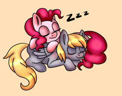 Size: 1627x1285 | Tagged: safe, artist:lamentedmusings, character:derpy hooves, character:pinkie pie, species:earth pony, species:pegasus, species:pony, ship:derpypie, eyes closed, female, lesbian, mare, pony pillow, prone, shipping, simple background, sleeping, zzz