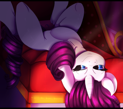 Size: 2200x1948 | Tagged: safe, artist:iblisart, character:rarity, species:pony, species:unicorn, couch, female, lidded eyes, lying down, mare, on back, smiling, solo, upside down
