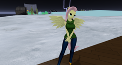 Size: 1920x1018 | Tagged: safe, artist:jojobibou, character:fluttershy, species:anthro, 3d, clothing, female, jeans, pants, second life, sleeveless sweater, solo, sweater, sweatershy