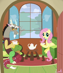 Size: 2000x2300 | Tagged: safe, artist:jagga-chan, character:discord, character:fluttershy, species:draconequus, species:pegasus, species:pony, ship:discoshy, chair, couch, female, indoors, looking at you, male, mare, shipping, sitting, straight, table, tea party, varying degrees of want, window