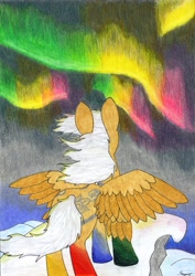 Size: 2454x3474 | Tagged: safe, artist:saxpony, oc, oc only, species:pony, aurora borealis, avatar the last airbender, crossover, double wings, female, looking up, mare, multiple wings, snow, spread wings, traditional art, wings