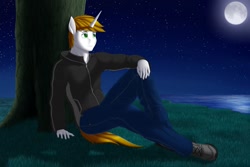 Size: 1280x853 | Tagged: safe, artist:pabloracer, oc, oc only, species:anthro, species:plantigrade anthro, against tree, clothing, handsome, male, moonlight, pants, scenery, shoes, sitting, solo, stars, under the tree