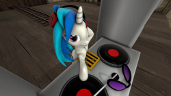 Size: 1280x720 | Tagged: safe, artist:jojobibou, character:dj pon-3, character:vinyl scratch, 3d, female, headphones, high angle, solo, speakers, turntable