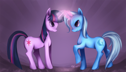Size: 1400x800 | Tagged: safe, artist:felynea, character:trixie, character:twilight sparkle, duo, glowing horn, magic