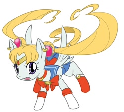 Size: 700x630 | Tagged: safe, artist:zukicure5gogo, species:pegasus, species:pony, action pose, boots, choker, clothing, dress, ear piercing, female, jewelry, looking at you, mare, piercing, pigtails, ponified, sailor moon, sailor scout, serena tsukino, shoes, simple background, socks, solo, tiara, tsukino usagi, white background