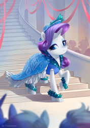 Size: 1600x2263 | Tagged: safe, artist:fantazyme, character:rarity, species:pony, species:unicorn, clothing, dress, fanfic, fanfic art, female, hat, mare, raised hoof, solo focus, stairs