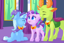 Size: 3401x2267 | Tagged: safe, artist:schokocream, character:starlight glimmer, character:thorax, character:trixie, species:pony, species:reformed changeling, species:unicorn, episode:celestial advice, g4, my little pony: friendship is magic, cape, clothing, cute, equestrian pink heart of courage, eyelashes, eyes closed, female, floppy ears, happy, hat, male, mare, trixie's cape, trixie's hat