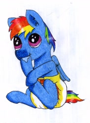Size: 1295x1771 | Tagged: safe, artist:saxpony, character:rainbow dash, species:pony, baby, baby pony, diaper, female, filly, hoof sucking, traditional art