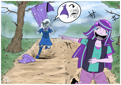 Size: 1600x1131 | Tagged: safe, artist:alvh-omega, character:starlight glimmer, character:trixie, my little pony:equestria girls, angry, boots, cape, caught, clothing, crying, eyes closed, fall formal outfits, forest, hat, high heel boots, jacket, laughing, racing, raised leg, running, running in place, struggling, stuck, tears of laughter, trixie's cape, trixie's hat
