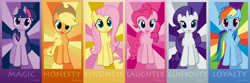 Size: 6144x2048 | Tagged: safe, artist:waranto, character:applejack, character:fluttershy, character:pinkie pie, character:rainbow dash, character:rarity, character:twilight sparkle, absurd resolution, generosity, honesty, hugpony poses, kindness, loyalty, magic, mane six, poster