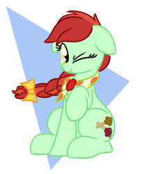 Size: 725x890 | Tagged: safe, artist:masserey, character:candy apples, species:earth pony, species:pony, apple family member, braid, floppy ears, looking at you, neckerchief, one eye closed, raised hoof, sitting, smiling, solo, wink