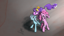 Size: 1920x1080 | Tagged: safe, artist:vabla, character:pinkie pie, character:screw loose, character:screwball, species:earth pony, species:pony, bipedal, derp, female, mare, spooky, trio, trio female, wallpaper