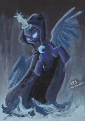 Size: 1978x2793 | Tagged: safe, artist:reptilianbirds, character:princess luna, acrylic painting, cloak, clothing, female, glowing eyes, glowing horn, magic, snow, solo, spirit of hearth's warming yet to come, traditional art