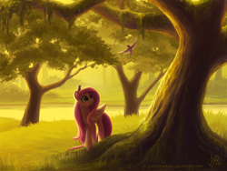 Size: 1920x1440 | Tagged: safe, artist:creamy_roux, character:fluttershy, species:bird, species:pegasus, species:pony, crepuscular rays, female, folded wings, forest, grass, lake, looking up, mare, scenery, solo, tree, under the tree, water