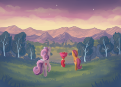 Size: 1400x1000 | Tagged: safe, artist:bugiling, character:apple bloom, character:scootaloo, character:sweetie belle, adventure, cutie mark, cutie mark crusaders, field, rear view, scenery, sky, stars, the cmc's cutie marks, trio