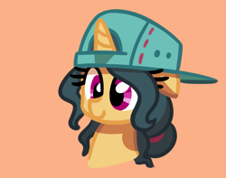 Size: 1315x1035 | Tagged: safe, artist:masserey, character:fresh coat, species:pony, species:unicorn, backwards ballcap, baseball cap, bust, cap, clothing, cute, female, floppy ears, hat, mare, portrait, simple background, smiling, solo