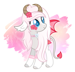 Size: 3592x3419 | Tagged: safe, artist:rish--loo, oc, oc only, oc:minxy bearheart, species:pony, bat wings, clothing, collar, flower, flower in hair, heart eyes, horns, solo, stockings, succubus, thigh highs, wingding eyes