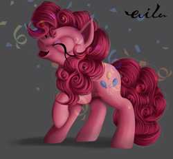 Size: 994x919 | Tagged: safe, artist:ailatf, character:pinkie pie, species:pony, confetti, eyes closed, female, happy, raised hoof, simple background, solo