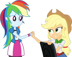 Size: 10000x7924 | Tagged: safe, artist:diegator007, character:applejack, character:rainbow dash, equestria girls:rainbow rocks, g4, my little pony: equestria girls, my little pony:equestria girls, absurd resolution, apple, block, chair, clothing, compression shorts, cowboy hat, denim skirt, freckles, hat, simple background, sitting, skirt, stetson, transparent background, vector, wristband