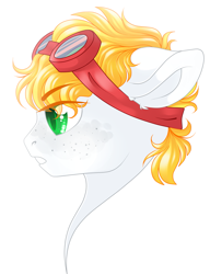 Size: 1737x2267 | Tagged: safe, artist:schokocream, oc, oc only, oc:triforce treasure, species:earth pony, species:pony, blonde, bust, freckles, glasses, goggles, green eyes, portrait, simple background, solo, white background, white pony