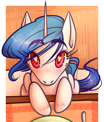 Size: 682x804 | Tagged: safe, artist:alvrexadpot, derpibooru original, oc, oc only, oc:blacc crop, species:pony, species:unicorn, blue mane, blushing, eyelashes, heart eyes, looking at you, looking up, pink eyes, placemat, plate, sitting, solo, wingding eyes