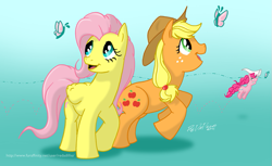 Size: 773x474 | Tagged: safe, artist:redadillio, character:applejack, character:fluttershy, character:pinkie pie, species:earth pony, species:pegasus, species:pony, butterfly, clothing, cowboy hat, cutie mark, digital art, female, hat, mare, net, simple background, wings
