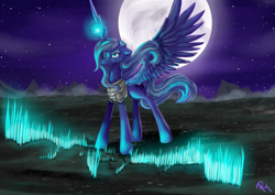 Size: 3496x2480 | Tagged: safe, artist:moon-wing, character:princess luna, species:pony, armor, crying, female, fissure, floppy ears, magic, moon, night, s1 luna, solo, spread wings, stars, wings