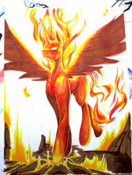 Size: 1200x1600 | Tagged: safe, artist:aerolp, artist:aerostoner, character:nightmare star, character:princess celestia, species:alicorn, species:pony, burning, female, mane of fire, solo, spread wings, traditional art, wings