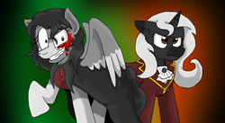 Size: 2316x1266 | Tagged: safe, artist:shonatabeata, oc, oc only, oc:ghost quill, oc:silhouette, species:pony, clothing, cosplay, costume, edmond dantes, jekyll & hyde, miss pie, rainbow dantes, raised hoof, the count of monte cristo, the count of monte rainbow