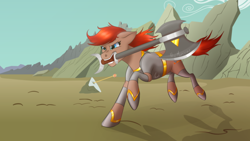 Size: 1024x576 | Tagged: safe, artist:mandydax, artist:nivimonster, oc, oc only, species:pony, armor, axe, battle axe, mouth hold, running, scenery, solo, warrior, weapon