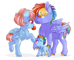 Size: 1997x1613 | Tagged: safe, artist:schokocream, character:bow hothoof, character:rainbow dash, character:windy whistles, species:pony, ship:windyhoof, apple, female, filly, filly rainbow dash, food, mohawk, rainbow dash's parents, simple background, white background, younger